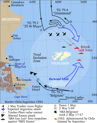 Naval forces in the South Atlantic, 1-2 May 1982 ARA.Belgrano.sunk.svg