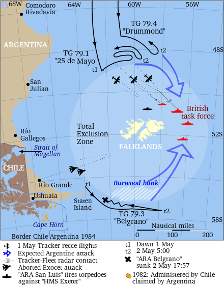 This map summarises the deployment of Argentine versus British naval forces around the Islands before the Argentine ARA Belgrano was sunk.