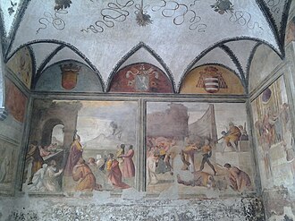 Frescoes in the entrance to atrium Affreschi atrio poveri.jpg