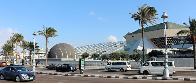 Mediterranean Sea side / northern exterior of the modernistic architecture of the Biblioteca Alessandrina Library, in Alexandria, Egypt. (photo: Octob