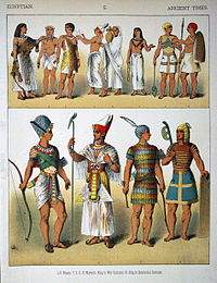Gammelegyptiske klesdrakter, deriblant ulike typer hoftekleder, framstilt i Costumes of All Nations fra 1882