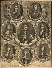 Late 17th-century composite engraving by John Savage, and comprising seven portraits of figures of the Plot all of whom were dead by 1685 (Sir Thomas Armstrong, the Earl of Argyll, the Earl of Essex, Henry Cornish, William Russell, Lord Russell, the Duke of Monmouth, and Algernon Sidney), with one of Edmund Berry Godfrey, whose unexplained death triggered the Popish Plot allegations against Catholics. Antipapists Savage.jpg