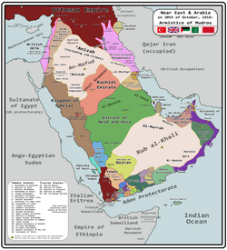 Najran (lime, down south) in Arabia in 1918.