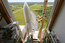 An Ariane 5 rocket being processed at the Guiana Space Centre; the launch site is estimated to account for as much as 16% of French Guiana's GDP