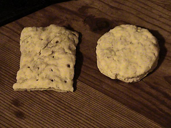 Reproduction American Civil War-era army (left) and navy (right) hardtack. Note the shape, as army hardtack was shipped in boxes and shipboard navy pr