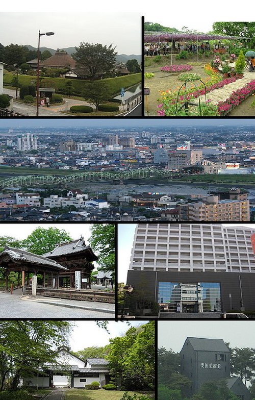 From top, Ashikaga School, Ashikaga Flower Park, View of Downtown Ashikaga and Watarase River, Banna-ji, Ashikaga Municipal Art Museum, Soun Art Museu