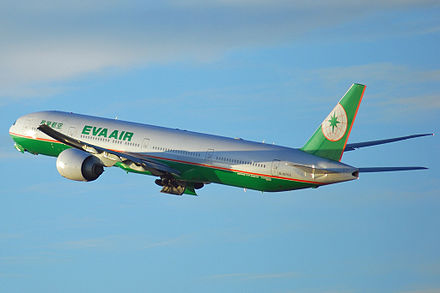 EVA Air's long-haul flagship, the Boeing 777-300ER, departing from Los Angeles International Airport, flying back to Taipei.
