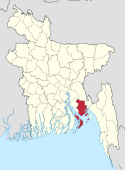 बांग्लादेश के मानचित्र पर नोय़ाखाली जिले की अवस्थिति