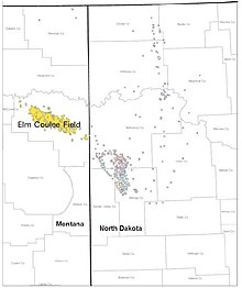 Map of Williston Basin oil fields with reservoirs in Bakken Formation Bakken Reservoir fields in Williston Basin.jpg