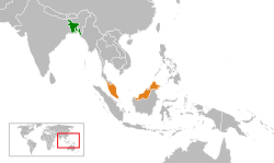 মানচিত্র Bangladesh এবং Malaysia অবস্থান নির্দেশ করছে