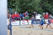 Deutsch: Beachhandball Europameisterschaften 2019 (Beach handball Euro); Tag 3: 4. Juli 2019 – Männer, Platzierungsrunde Gruppe IV, Rumänien-Portugal 2:0 (15:14, 25:24) English: Beach handball Euro; Day 3: 4 July 2019 – Men Consolation Round Group IV – Romania-Portugal 2:0 (15:14, 25:24)