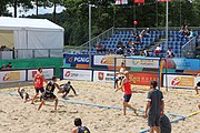 Deutsch: Beachhandball Europameisterschaften 2019 (Beach handball Euro); Tag 2: 3. Juli 2019 – Männer, Vorrunde Gruppe A, Spanien-Norwegen 1:2 (22:26, 28:22, 8:10) English: Beach handball Euro; Day 2: 3 July 2019 – Men Preliminary Round Group A - Spain-Norway 1:2 (22:26, 28:22, 8:10)