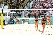 Deutsch: Beachvolleyball bei den Olympischen Jugendspielen 2018; Tag 9, 15. Oktober 2018; Mädchen, Viertelfinale: USA-Spanien 2–1 (21–19/17–21/15–9) English: Beach volleyball at the 2018 Summer Youth Olympics at 15 October 2018 – Girls Quarterfinals: USA-Spain 2–1 (21–19/17–21/15–9)