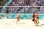 Deutsch: Beachvolleyball bei den Olympischen Jugendspielen 2018; Tag 9, 15. Oktober 2018; Mädchen, Viertelfinale: USA-Spanien 2–1 (21–19/17–21/15–9) English: Beach volleyball at the 2018 Summer Youth Olympics at 15 October 2018 – Girls Quarterfinals: USA-Spain 2–1 (21–19/17–21/15–9)