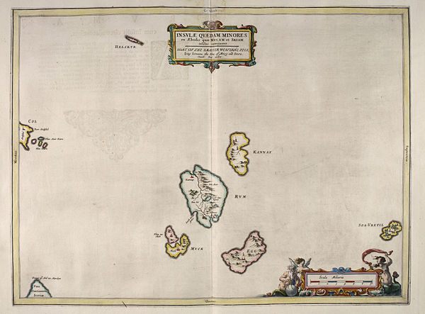 Blaeu's 1654 Atlas of Scotland - The Small Isles. Rùm is at centre, surrounded by "Kannay', 'Egg' and 'Muck'.