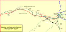 Changes to the railway network between Blaydon, Newcastle and Gateshead between 1876 and 2016 Blaydon rlies 2016.png