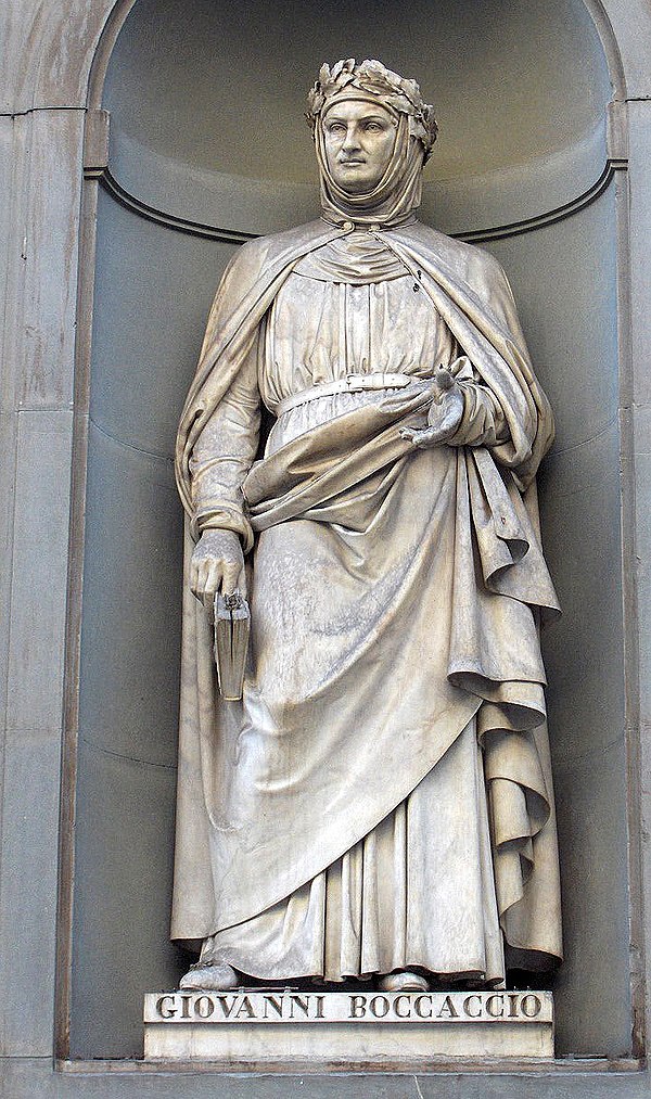 1845 statue of Boccaccio by Fantacchiotti in Uffizi Gallery