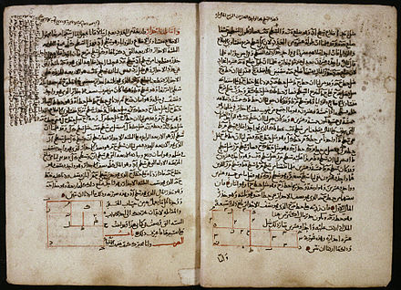 Pages from a 14th-century Arabic copy of the book, showing geometric solutions to two quadratic equations