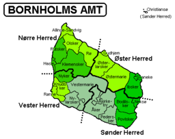 Bornholms Amt. Med grønne nuancer er indtegnet kommuner, der blev oprettet ved kommunalreformen i 1970 og 21 kommuner fra før reformen.
