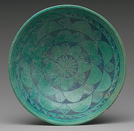 Ancient Egyptian bowl; 200–150 BC; faience; 4.8 × 16.9 cm (1.9 × 6.7 in); Metropolitan Museum of Art (New York City)