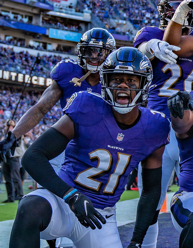 Baltimore Ravens cornerback Brandon Stephens (21) defends against