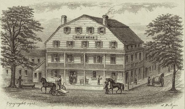 Bull's Head Hotel, depicted in 1830, was burned after it refused to serve alcohol to the rioters.