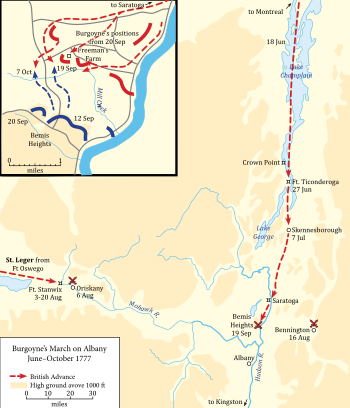 Burgoyne's march on Albany June-October 1777 Burgoyne's March on Albany, 1777.svg