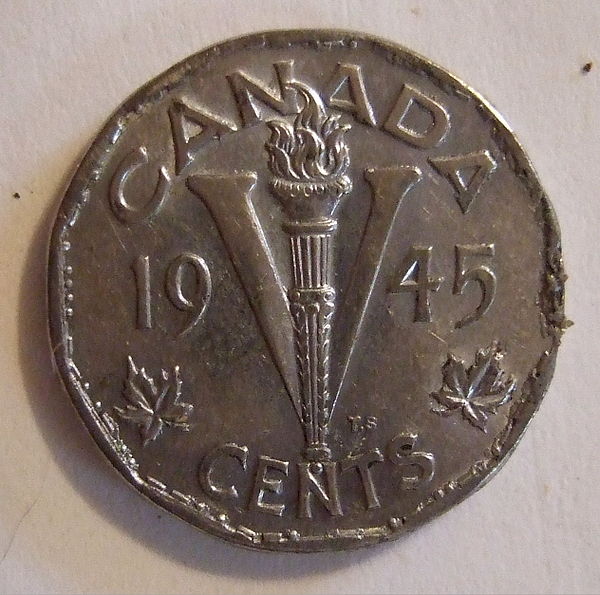 Reverse of the Victory nickel, as minted in 1945