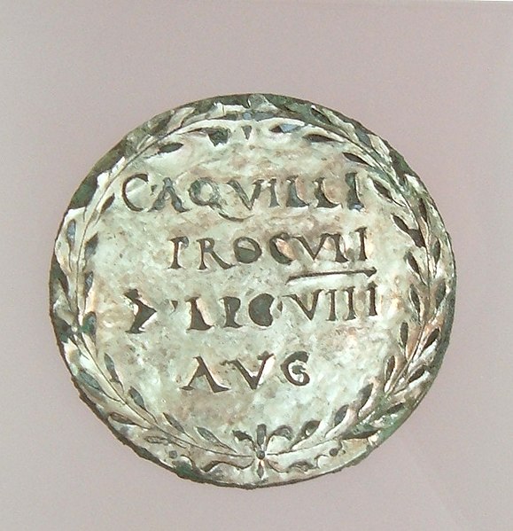 Silver-plated medal, denoting the property of C. Aquilius Proculus, the primus pilus who organized the retreat of Roman troops from the Rhineland and 
