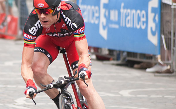 BMC Racing Team's Cadel Evans, the defending champion, warming up before the stage. He eventually finished the stage in thirteenth place, seventeen se