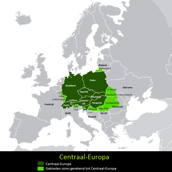 Centraal-Europa (groen), met in lichtgroen de gebieden die soms tot Centraal-Europa gerekend worden