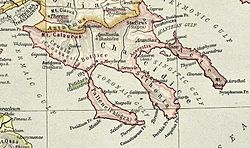 Карта на Халкидики с местоположението на Мекиберна