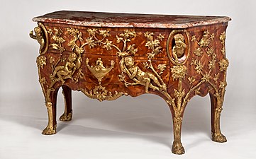Chest of drawers; by Charles Cressent; c.1730; various wood types; gilt-bronze mounts and a Brèche d'Aleps marble top; height: 91.1 cm; Waddesdon Manor, Waddesdon, UK