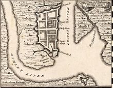 Herman Moll's 1733 Town and Harbour of Charles Town in South Carolina, showing the town's defensive walls. CharlestonSC1733.jpg