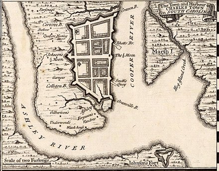 Herman Moll's 1733 Town and Harbour of Charles Town in South Carolina, showing the town's defensive walls.