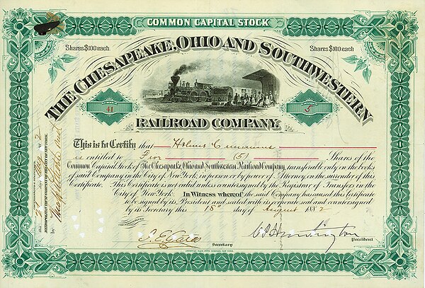 Share of the Chesapeake, Ohio and Southwestern Railroad Company, issued 18 August 1882, signed by Huntington