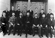 Faculty of the "Psychological" department in 1893 includes Franz Boas (seated, second from left) and president G. Stanley Hall (seated, middle) Clark Psychological dept 1893.jpg