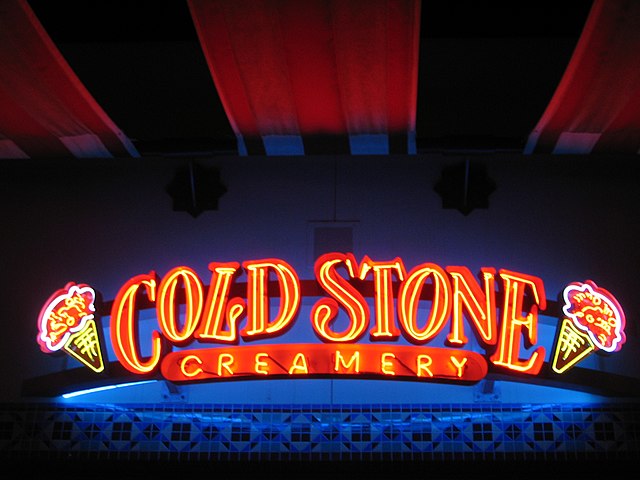 A neon sign for the Cold Stone Creamery at Irvine Spectrum in Irvine, California