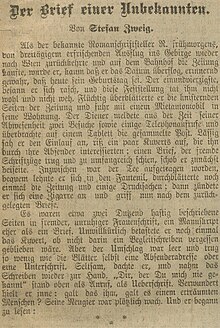 The first publication of Der Brief einer Unbekannten in the Neuen Freien Presse Cropped imaged of page 31 of the 1 January 1922 issue of the Neuen Freien Presse.jpg