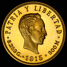 José Martí depicted on the 1915 gold 5 Cuban peso coin.