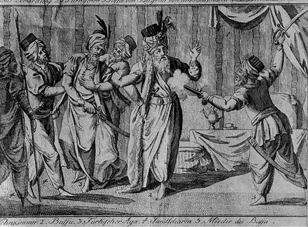 Dahias (renegade Janissary) assassinate Hadži Mustafa Pasha, plate from 1802