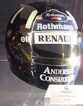 Foto do capacete de Damon Hill, nas cores do capacete de seu pai