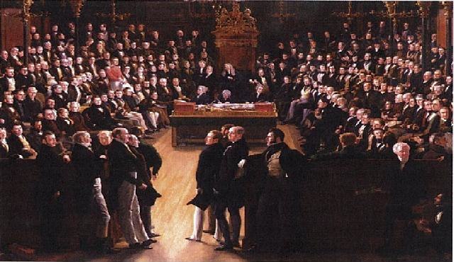 The House of Commons, 1833 by George Hayter commemorates the passing of the Reform Act of 1832. It depicts the first session of the newly reformed Hou