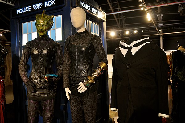 The costumes of Madame Vastra, Jenny, and Strax, on display at the Doctor Who Experience.