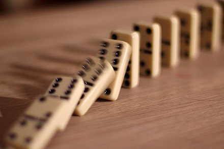 A falling line of dominoes, each knocking the next over