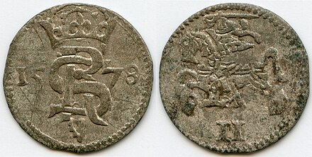 Double-Denar with monogram of Grand Duke Stephen Báthory and the coat of arms of Lithuania, minted in Mitau, 1578