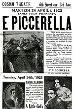 Thumbnail for File:E' Piccerella, poster advertising the film, Cosmo Theatre, New York City, April 24th, 1923.jpg
