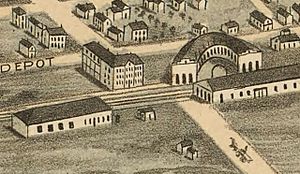 The East Tennessee, Virginia and Georgia rail yard at the intersection of Gay Street (lower right) and Depot Street, as it appeared in 1871; the roundhouse has since been demolished and replaced by the Southern Terminal ETVGA-railyard-knox-1871-tn1.jpg