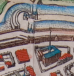 De Oude Ebbingepoort op de kaart van Braun en Hogenberg (1575) met ten rechtsonder de residentie van de bisschop