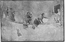 Theatergoers climbing along ladders above the alley (artist's conception) Escapees from the Iroquois Theatre fire.jpg